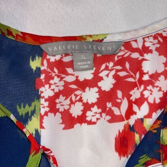 Valerie Stevens Shirt Womens XL Red/Blue Floral Short Sleeve Sheer Cinch Waist - Picture 4 of 8